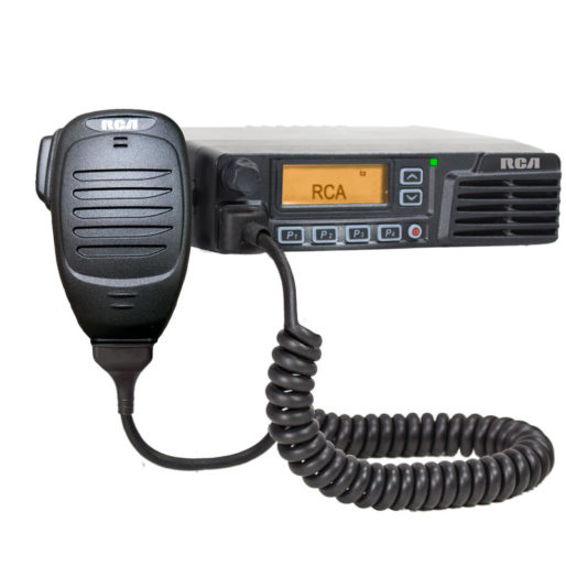 An RCA BRM300D mobile two-way radio with attached speaker mic.