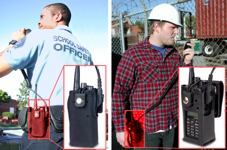 A school security guard and a construction worker both use holsters to protect their two-way radios.